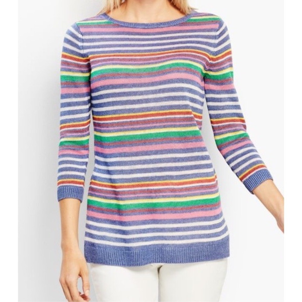 TALBOTS Colorful Striped Linen Sweater 3/4 Sleeve Knit Petunia Crewneck EUC